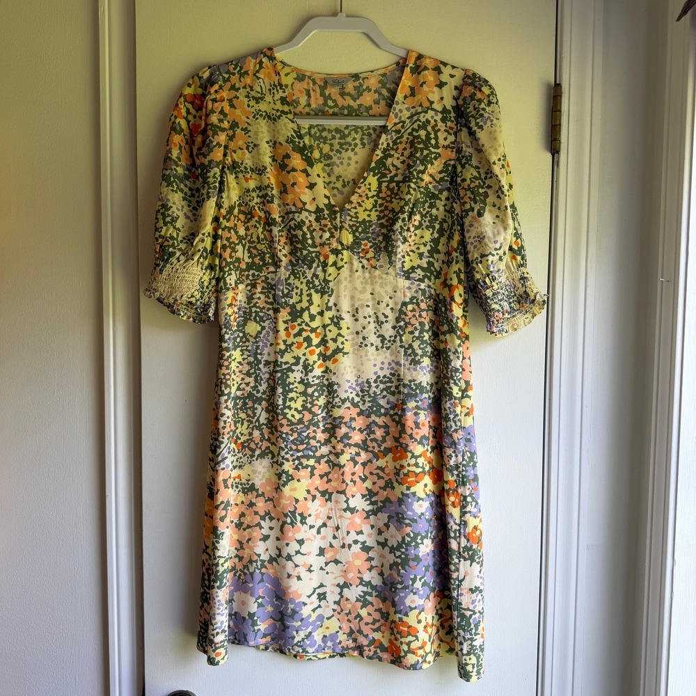 Rails Women Small Floral Mini Dress V-Neck Puff Sleeve Smocked Ruffle Multi